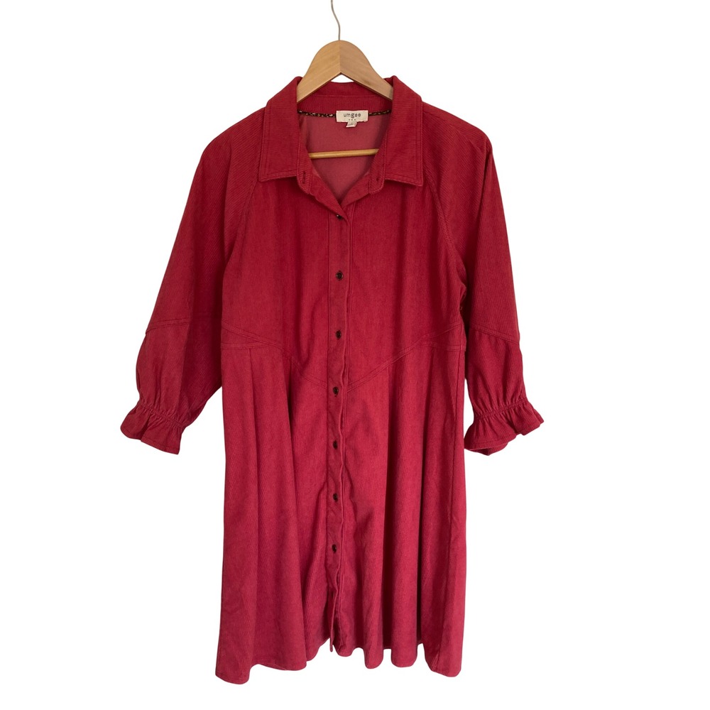 Umgee Raspberry Pink Corduroy Button Front Ruffle Sleeve Shirt Dress K7483 S